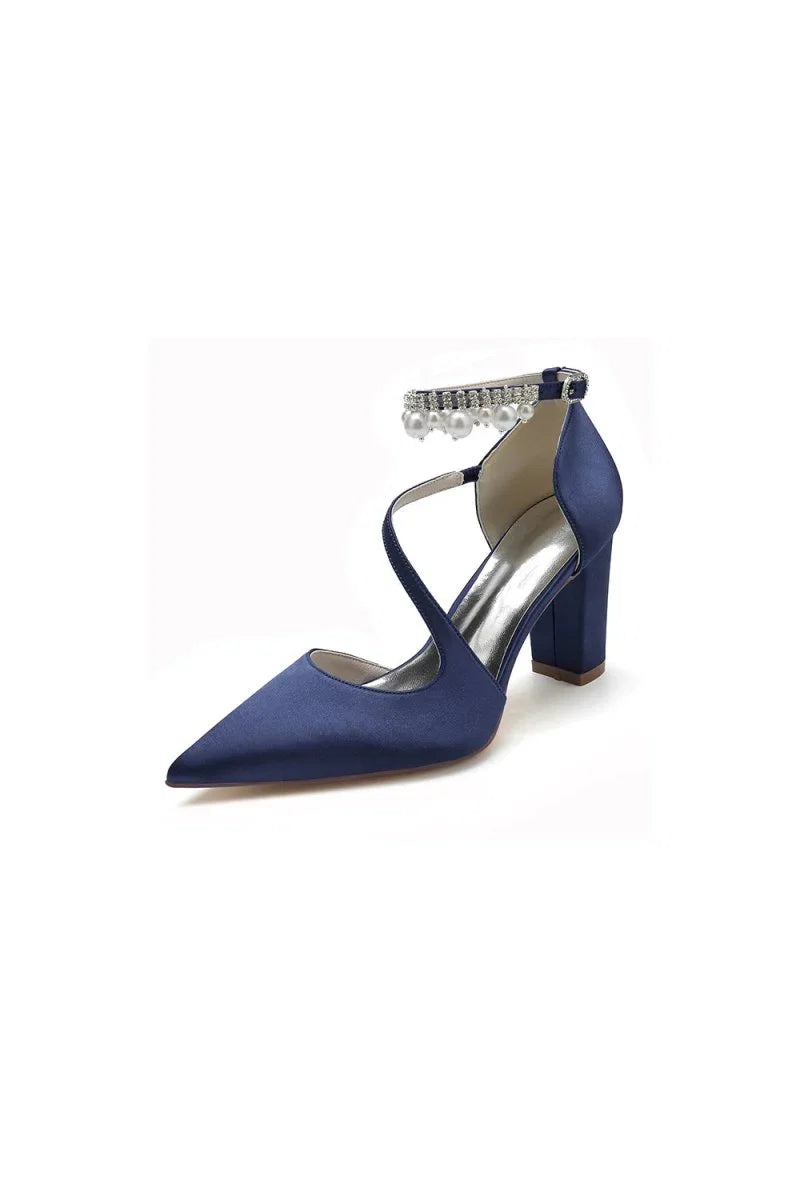 White Satin Heels with Cross Strap Design and Pearl Accented Buckle