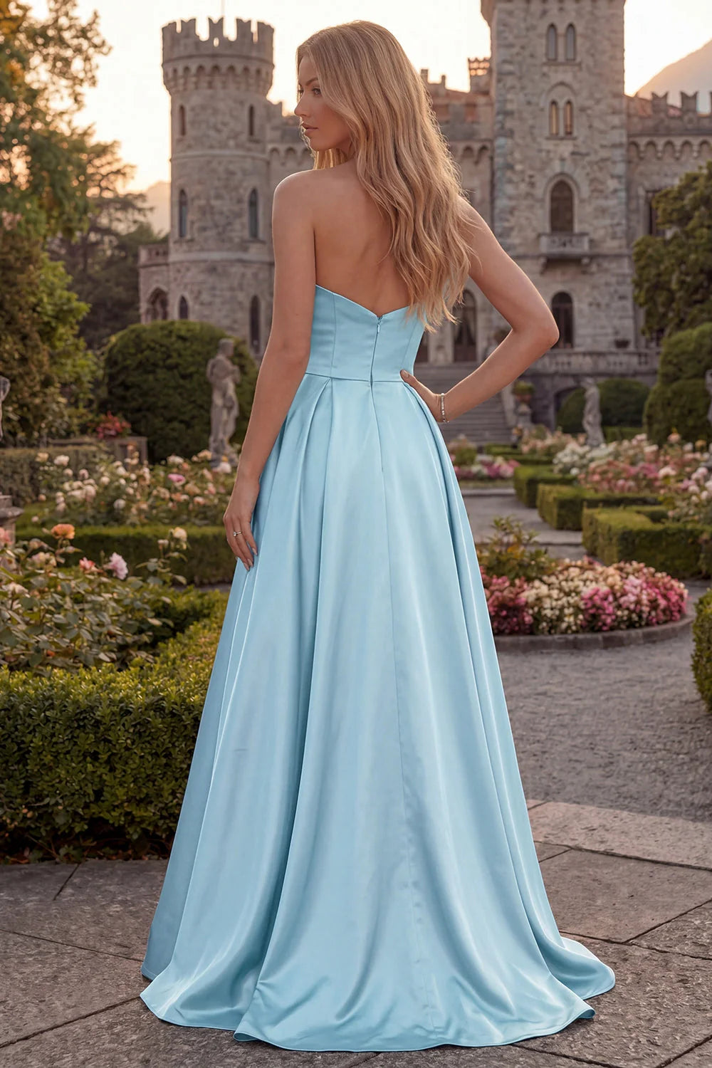 Fuchsia Strapless A Line Satin Maxi Prom Dress