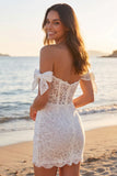 Ivory Off the Shoulder Lace Corset Short Wedding Dress with Bows