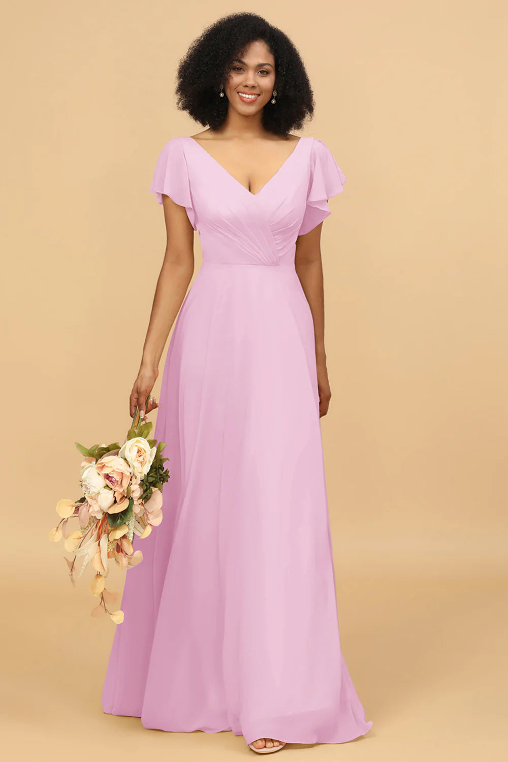 V Neck Cape Long Floor Length Chiffon Bridesmaid Dress