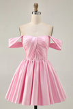 Pink A Line Off The Shoulder Ruched Short Homecoming Dress