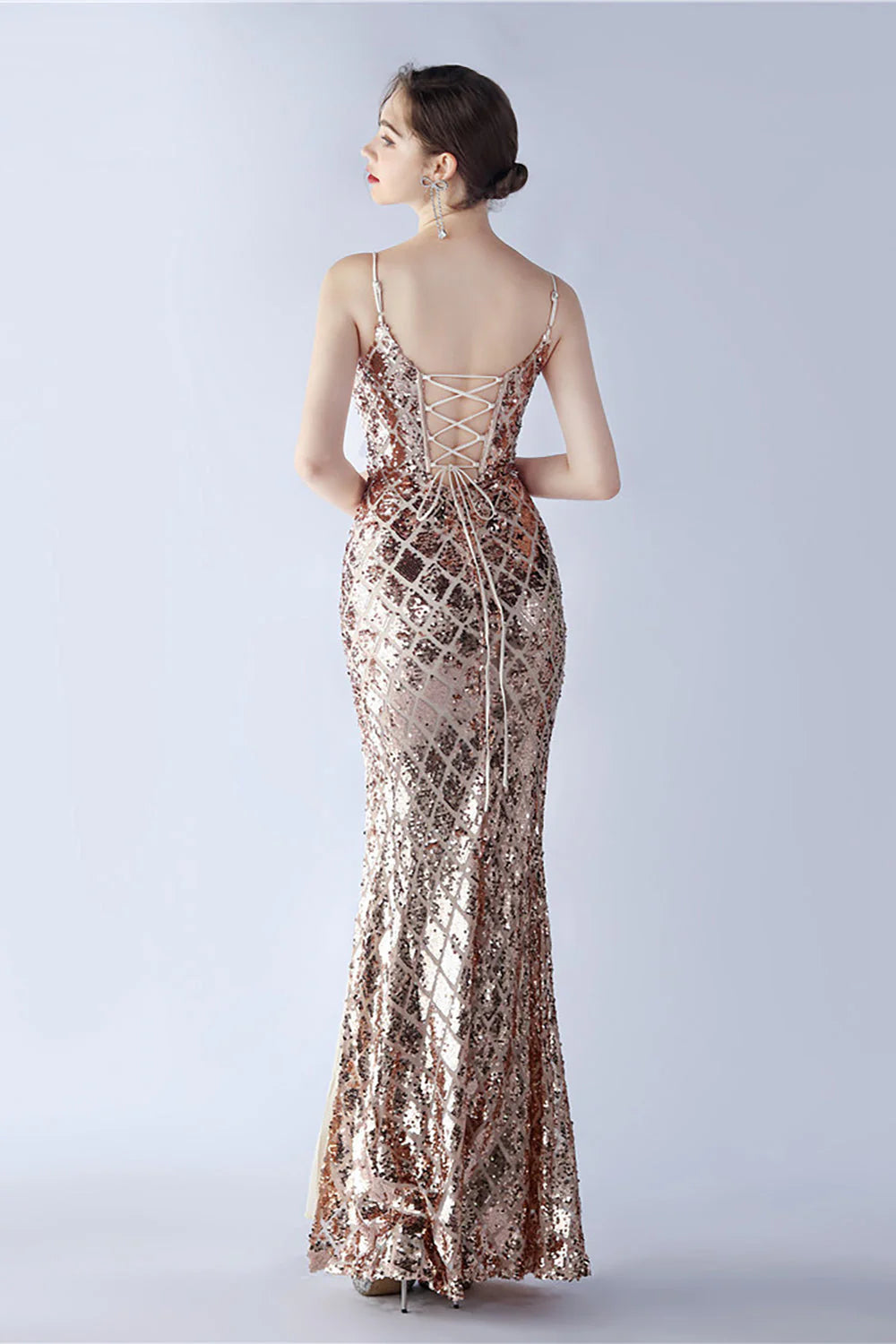 Burgundy Sheath Spaghetti Straps V neck Sequin Formal Dress with Slit