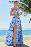 Blue A Line Spaghetti Straps Lace Up Back Long Print Floral Bridesmaid Dress with Slit