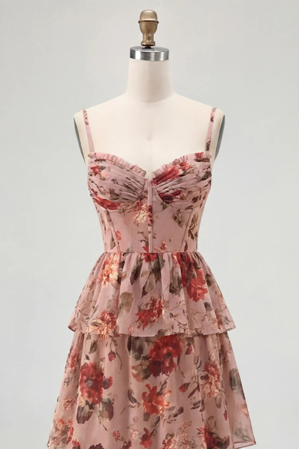Dusty Sage A Line Corset Tiered Print Floral Long Bridesmaid Dress with Slit