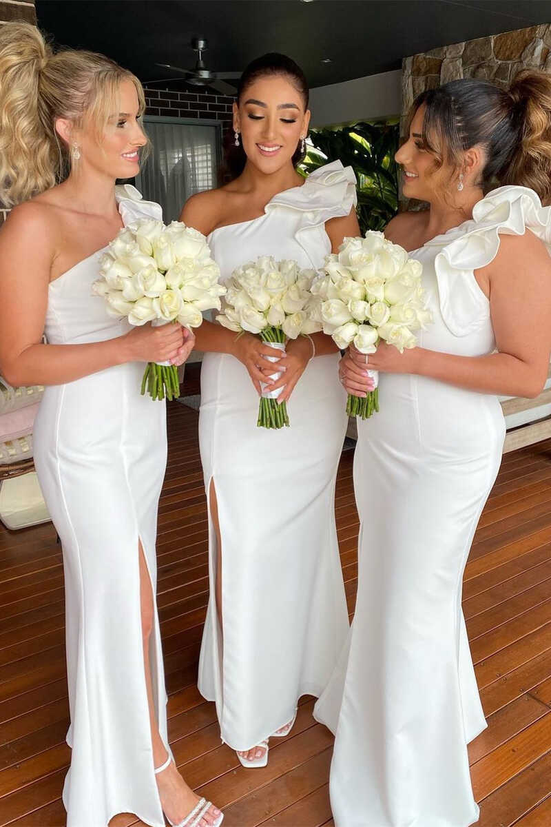 White One Shoulder Flower Mermaid Long Bridesmaid Dress