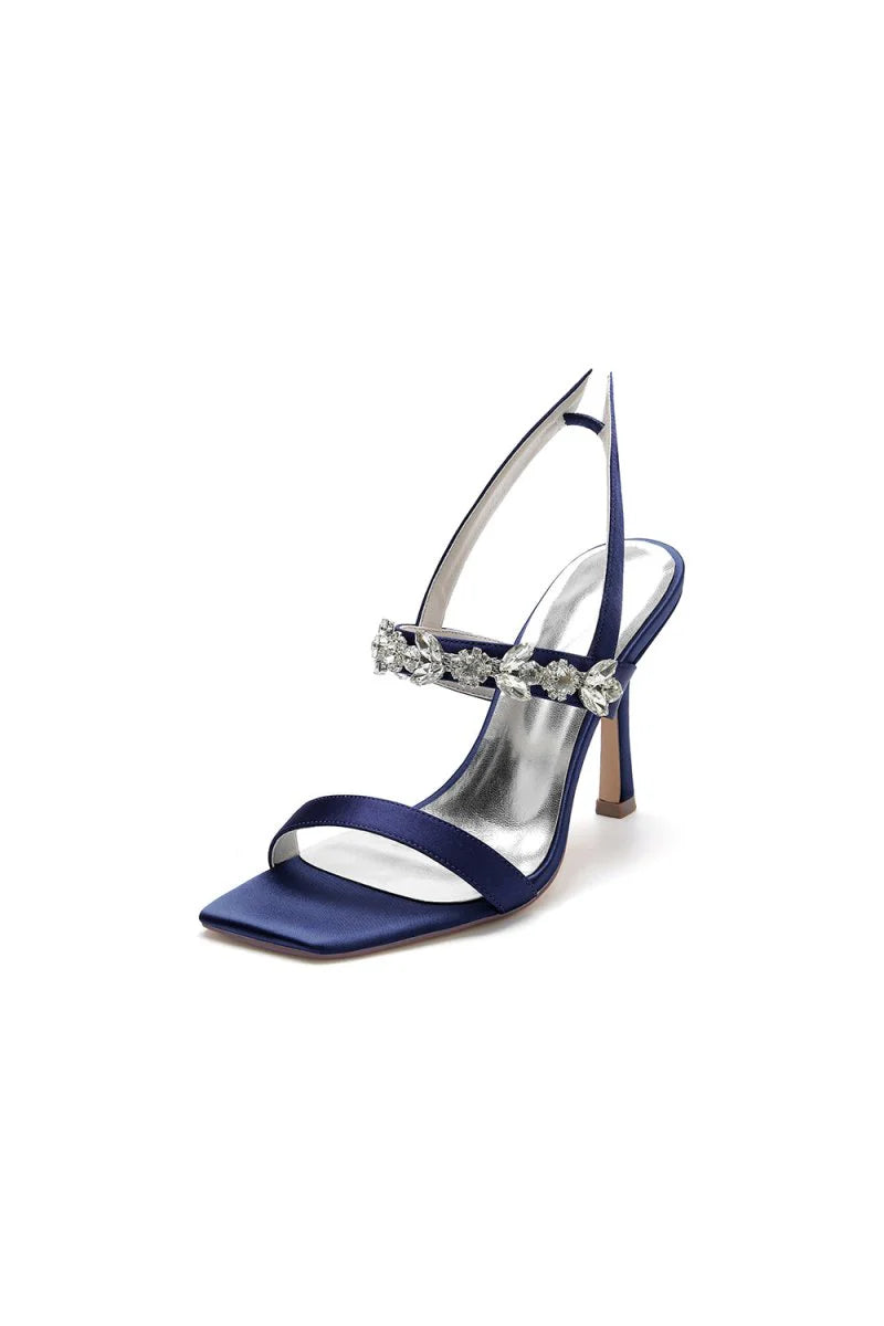 Unique Square Open Toe Crystal Strap Chunky Heels