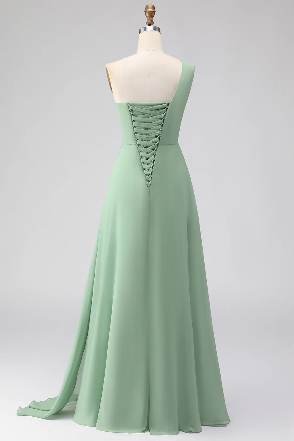 Sage Green One Shoulder A Line Chiffon Long Bridesmaid Dress with Slit
