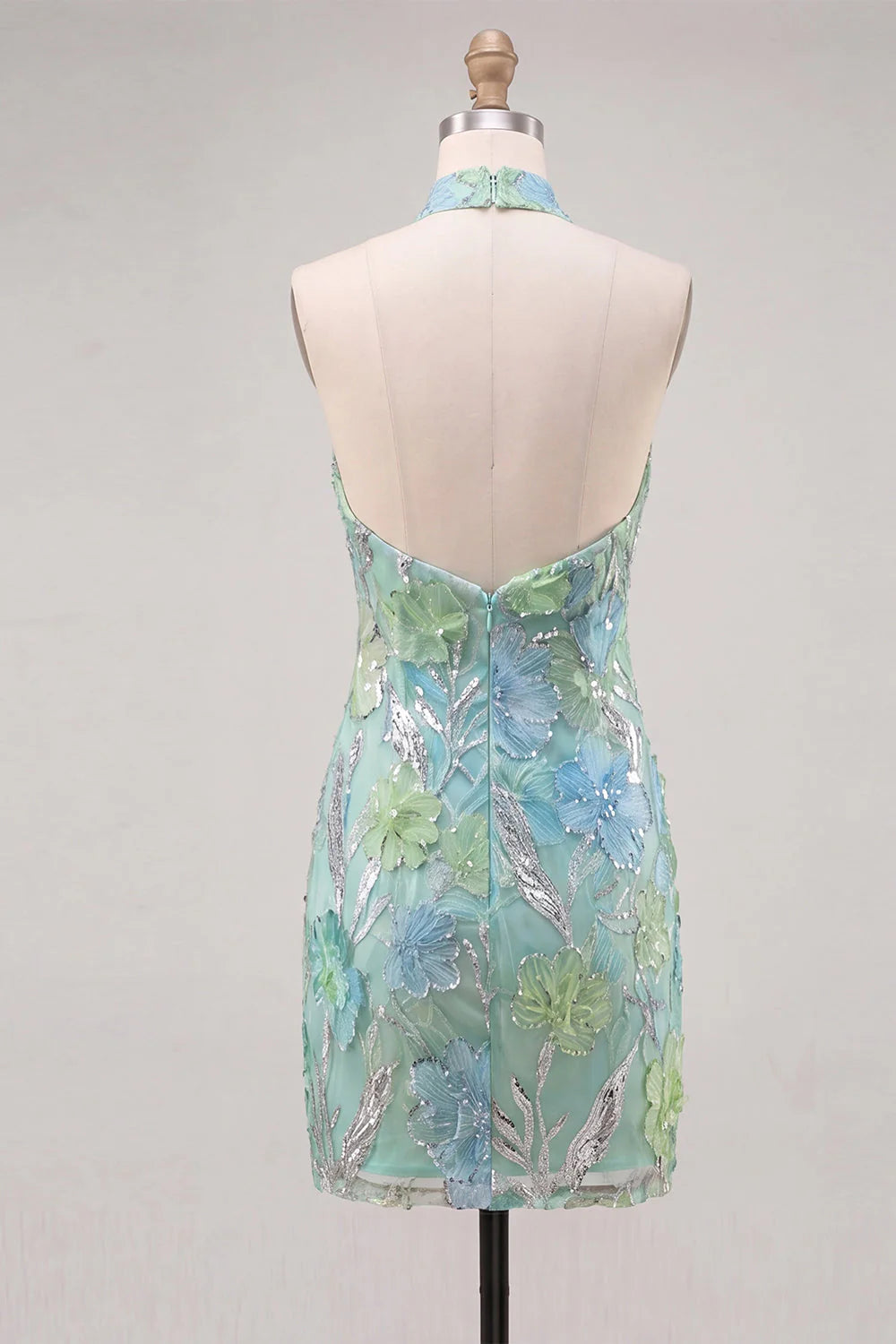 Mint Green Halter Floral Sequin Bodycon Short Homecoming Dress