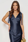 Navy Mermaid V Neck Satin Long Formal Dress