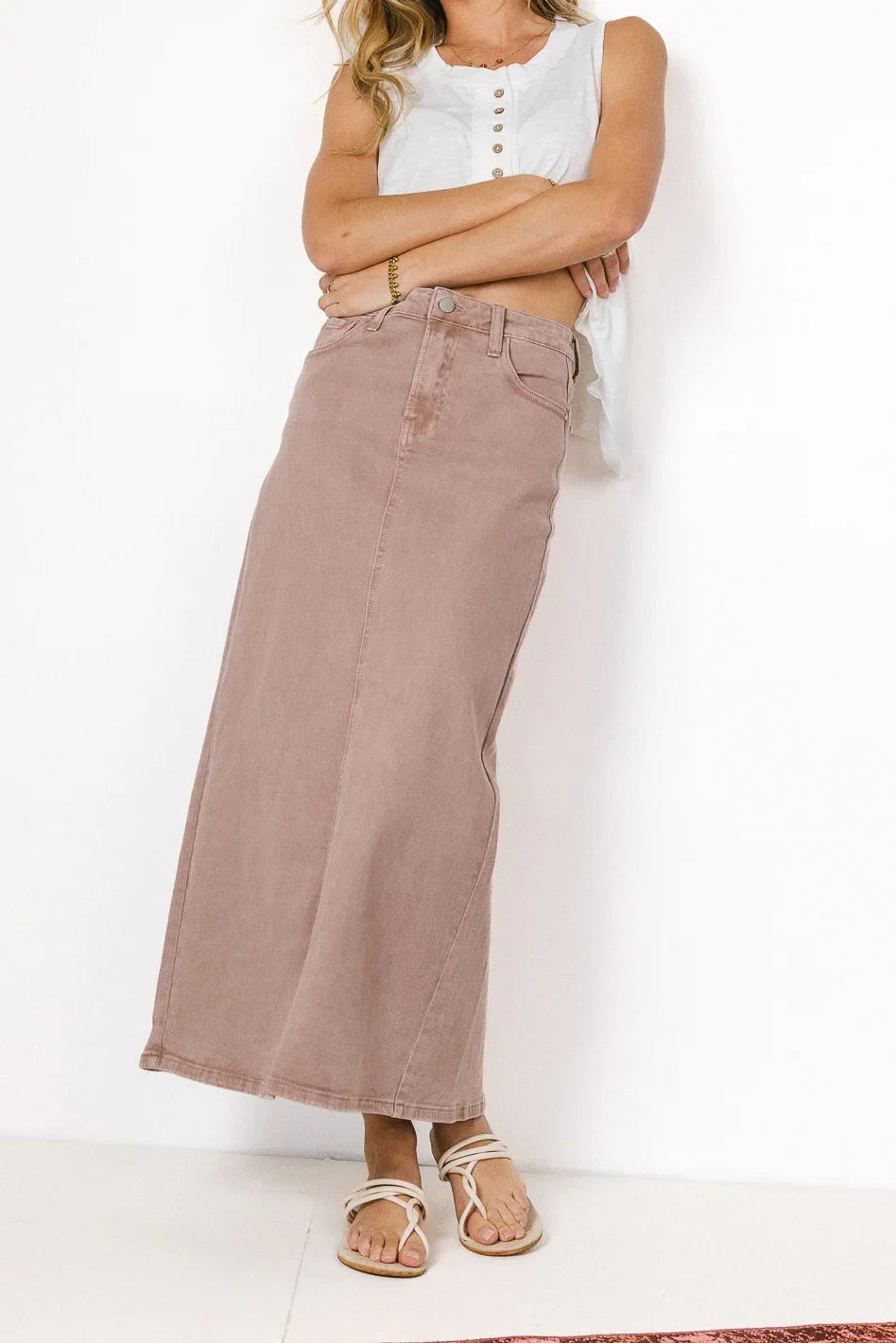 Harley denim midi skirt in mauve FINAL SALE