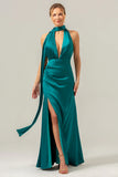 Peacock Sheath Deep V Neck Open Back Convertible Long Satin Bridesmaid Dress with Streamer
