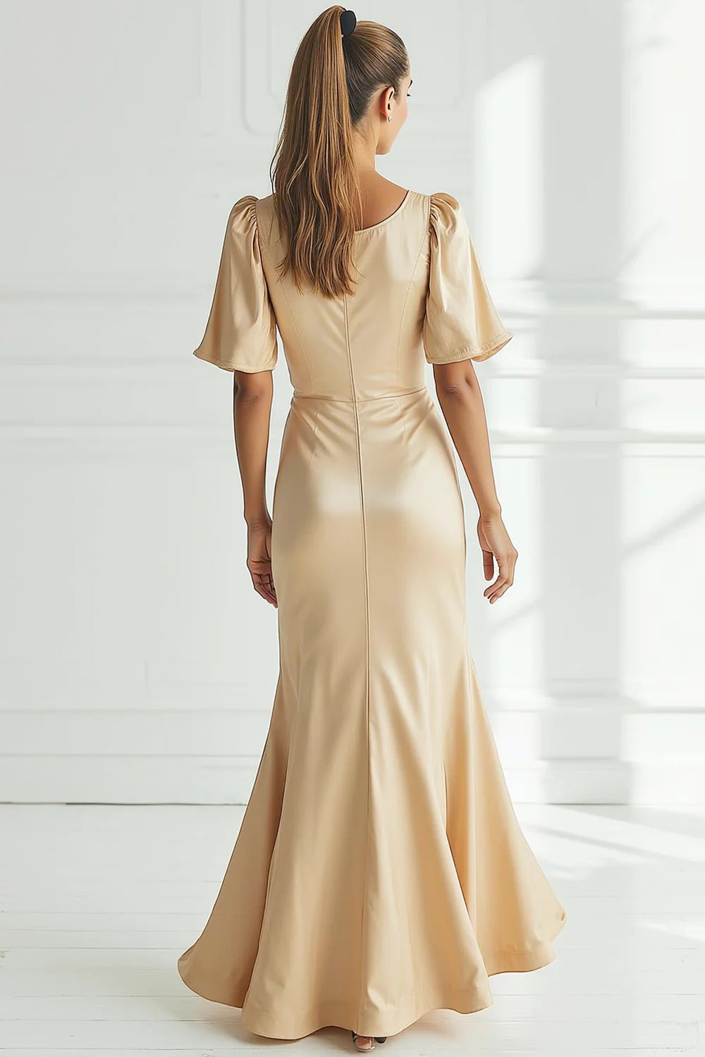 Champagne Mermaid Scoop Nevk Formal Dress with Half Sleeves