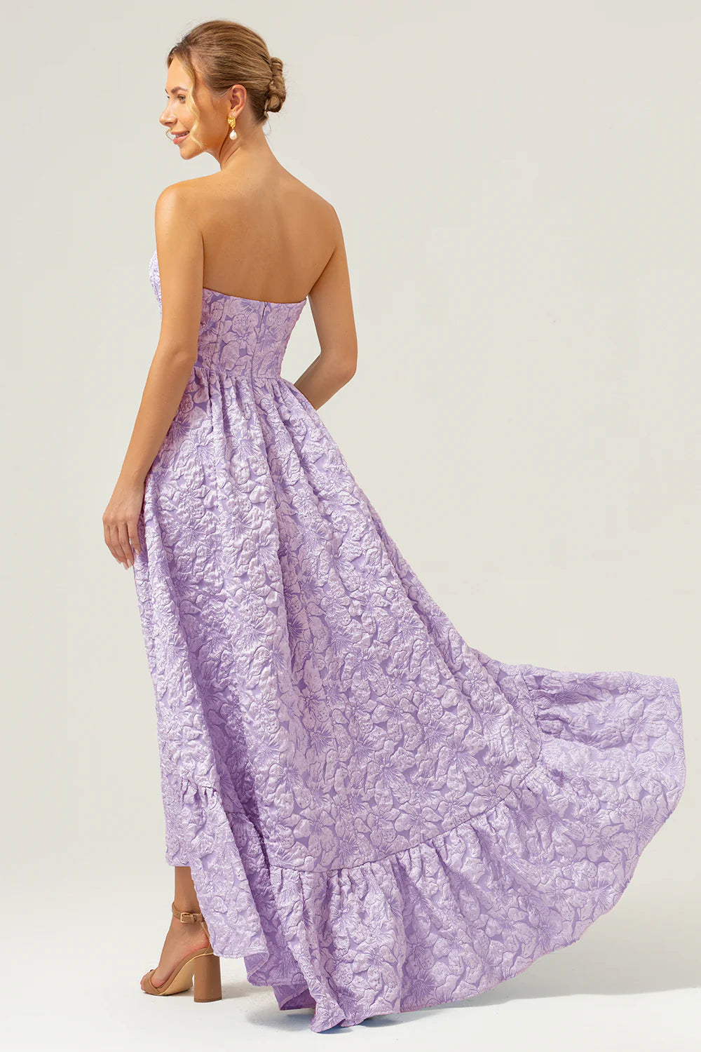 Blue A Line Strapless Brocade High Low Floral Bridesmaid Dress