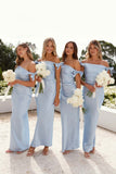 Off Shoulder Sheath Pleated Satin Sky Blue Long Bridesmaid Dress