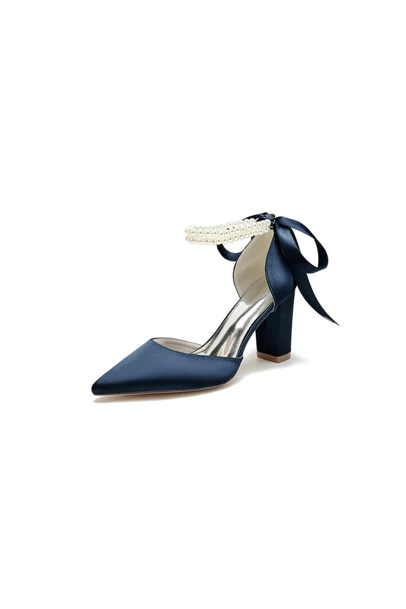 Pointed Toe Pearl Ribbon Ankle Strap Chunky Heel