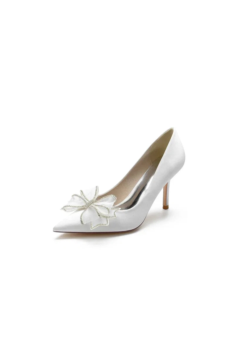 Champagne Pointed Toe Wedding Heels with Bow