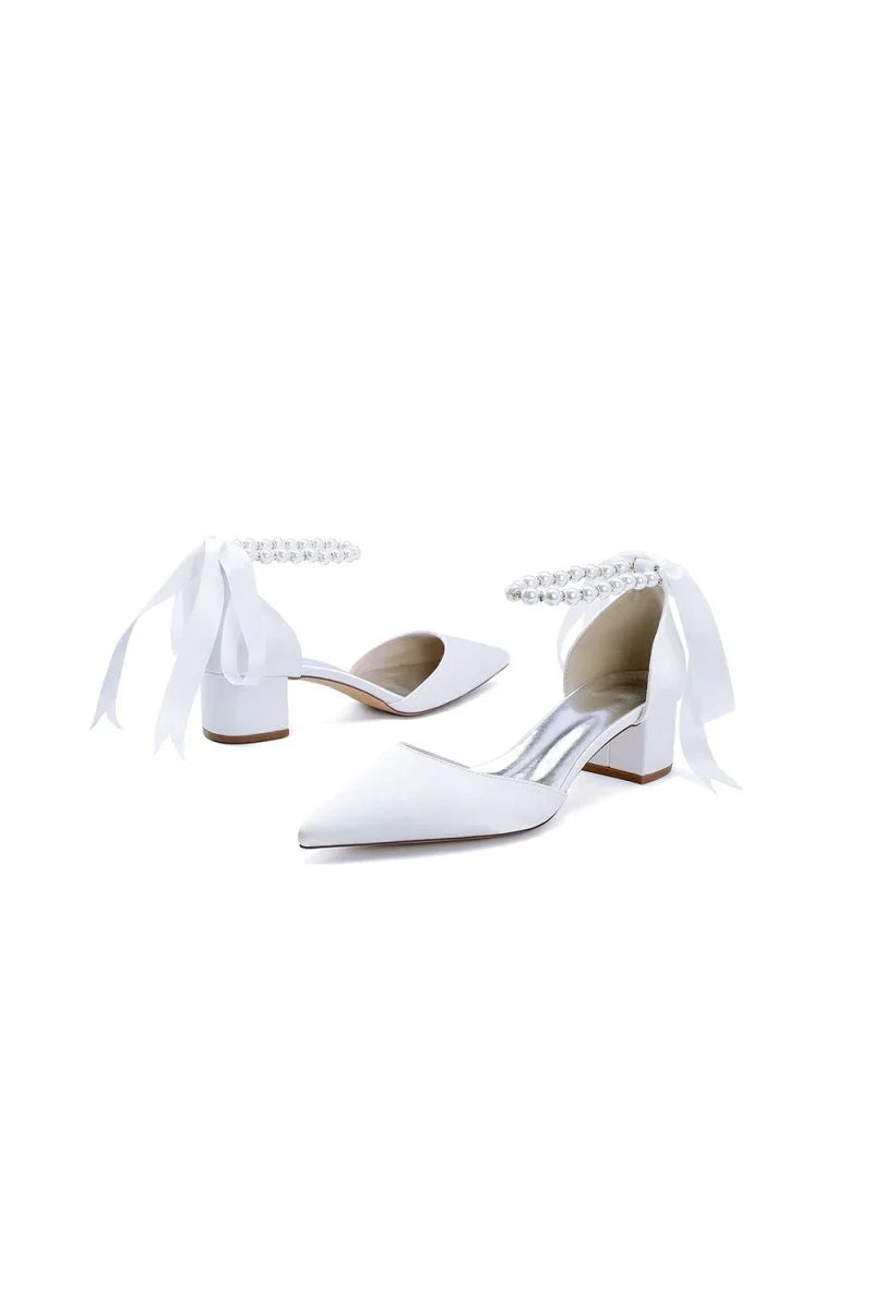 Pointed Toe Satin Pearl Ankle Strap Block Heels With Ribbon Tie