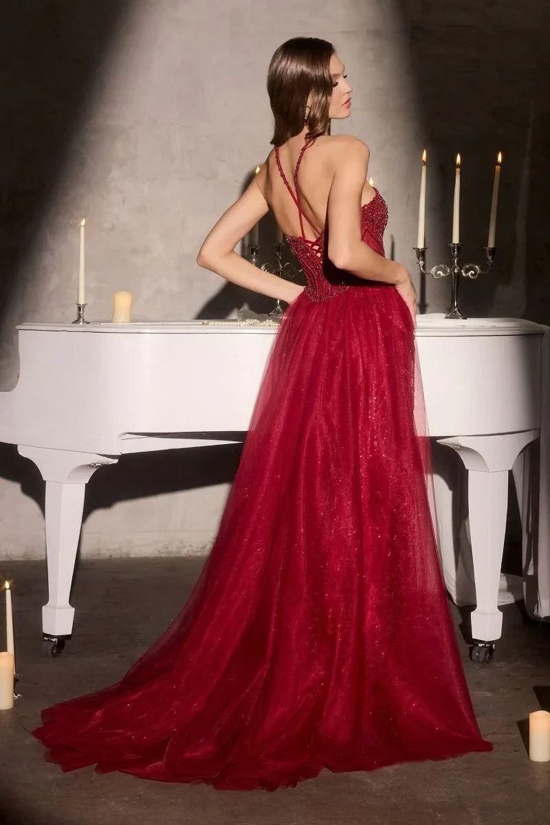 Chevonne Gown Beaded Halter Dress With Overskirt