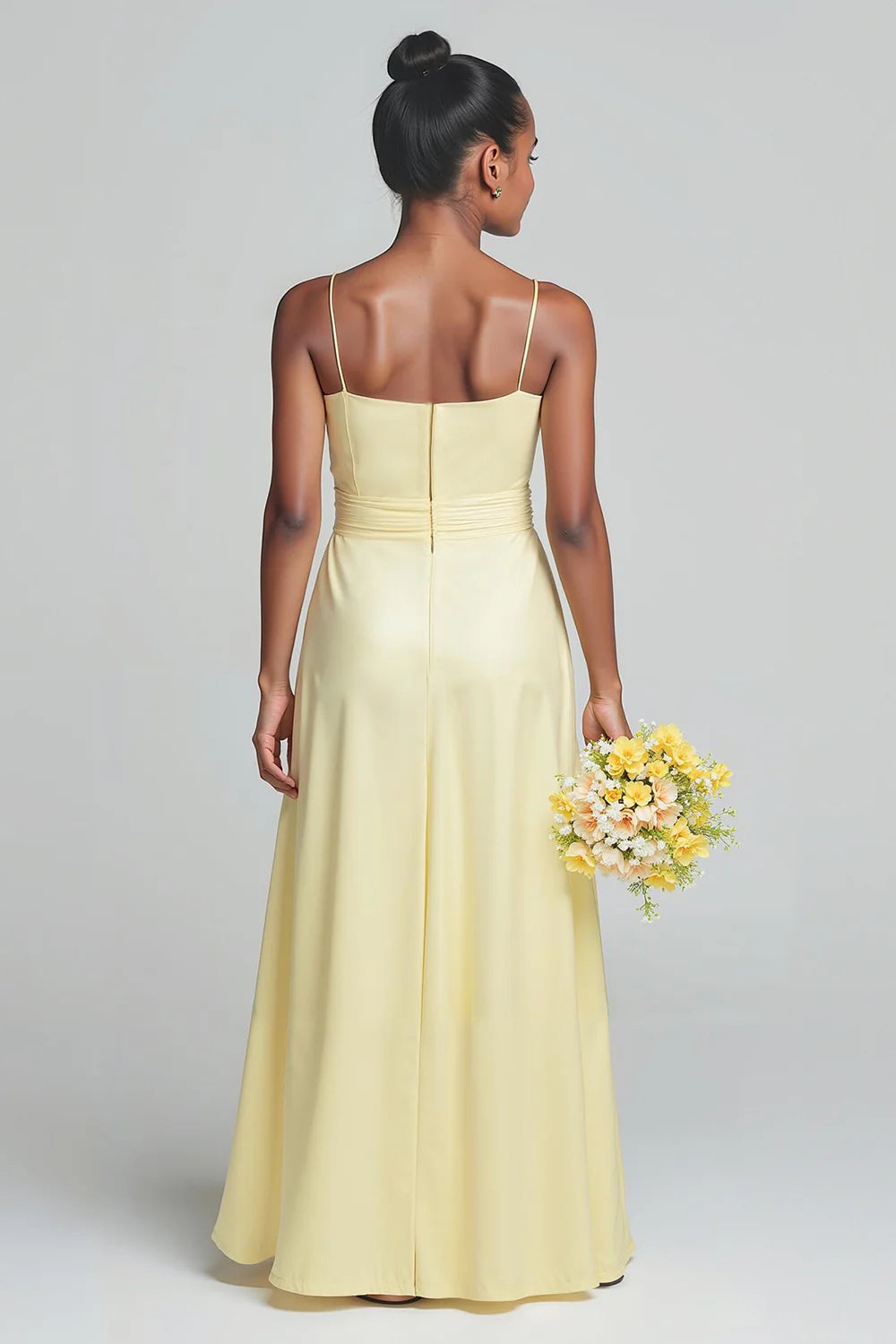 Daffodil Yellow Satin Spaghetti Straps Cowl Neck Long Junior Bridesmaid Dress