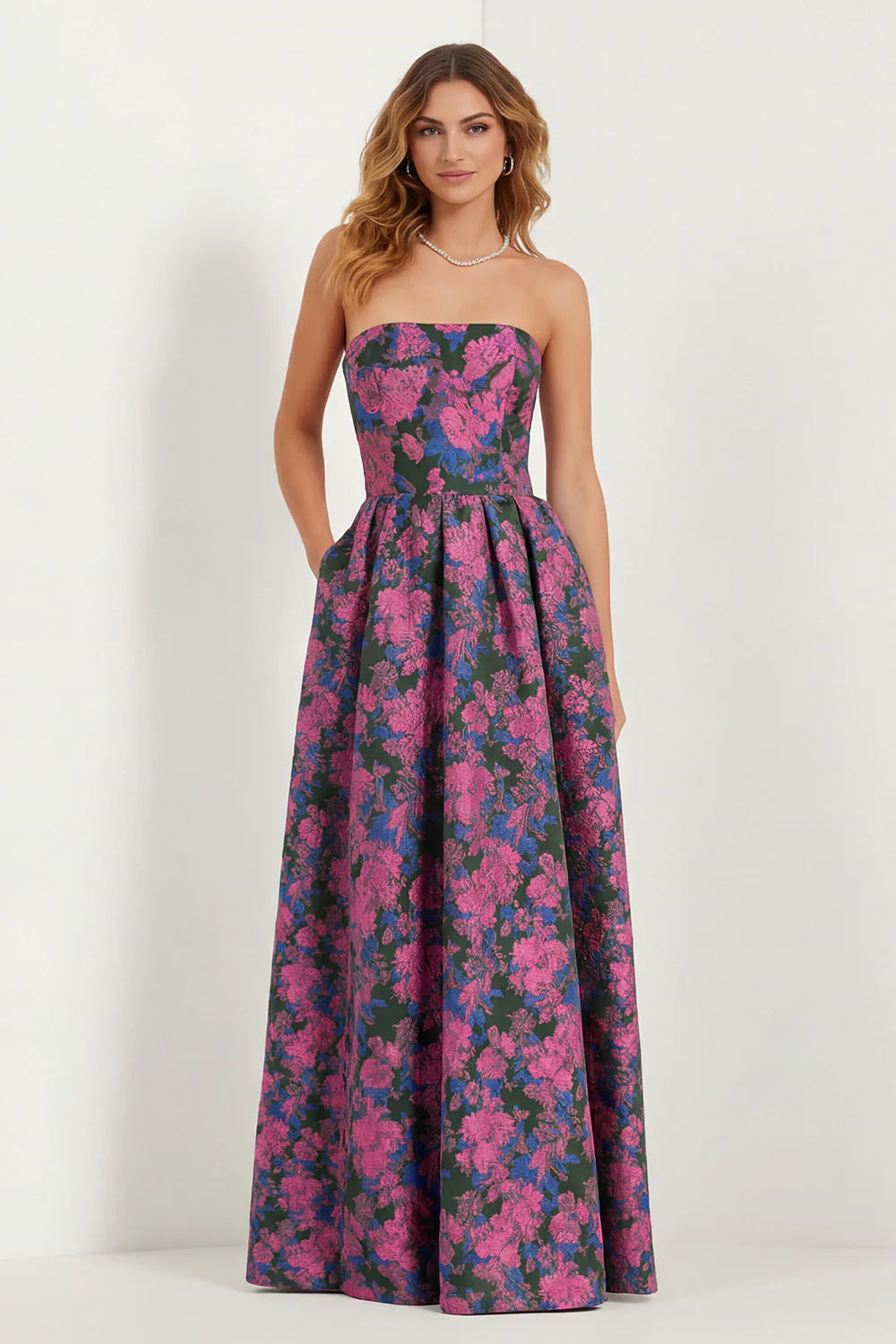Blue Strapless Print A Line White Floral Long Satin Dress with Pockets