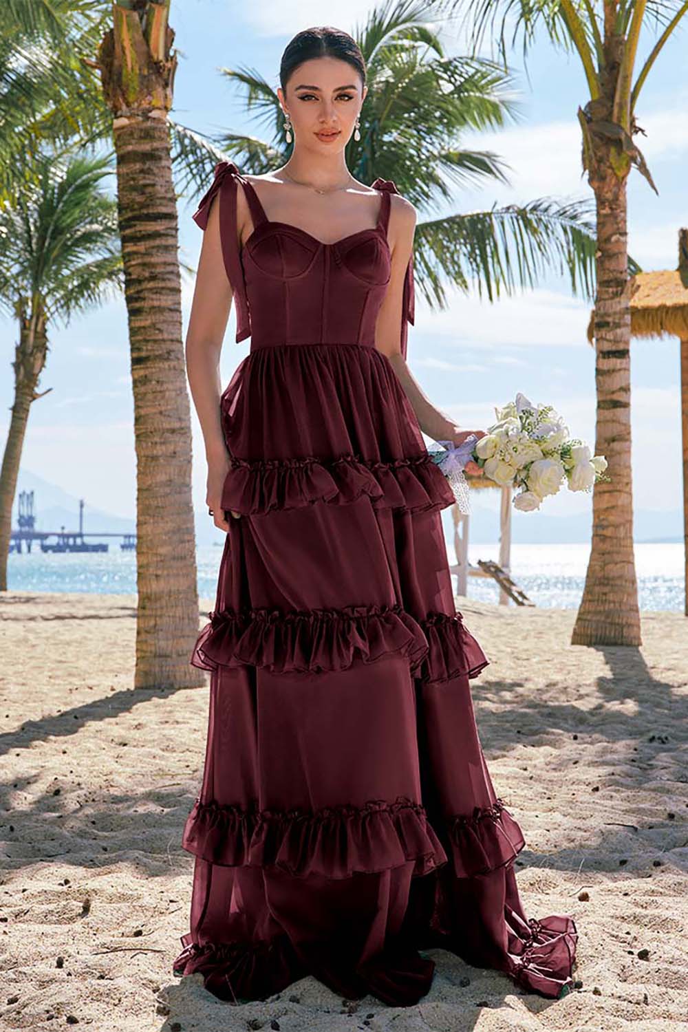 Eucalyptus A Line Bow Tie Straps Corset Tiered Long Bridesmaid Dress with Slit