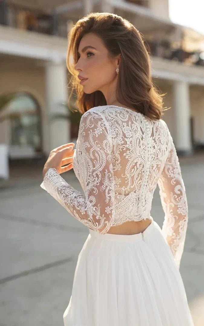 Two Piece V neck Wedding Dress with Sweep Train Lace Long Sleeves