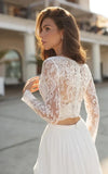 Two Piece V neck Wedding Dress with Sweep Train Lace Long Sleeves
