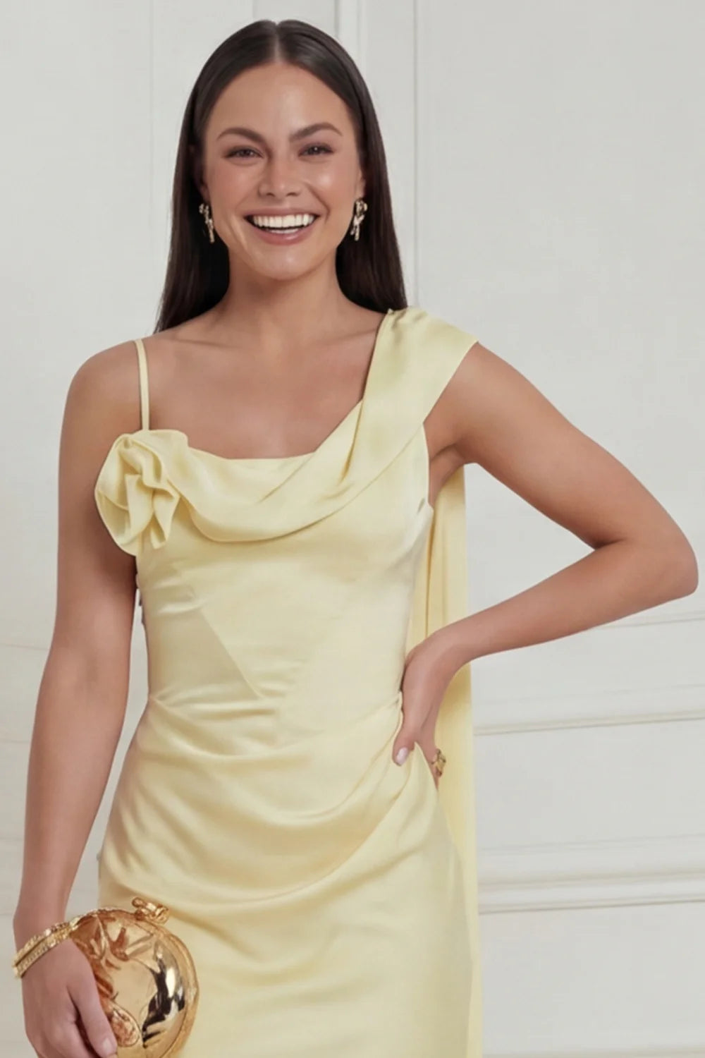 Daffodil Asymmetrical Neck Satin Wedding Guest Dress