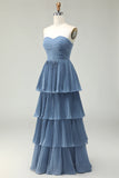 Dusty Blue A Line Strapless Pleated Tiered Long Bridesmaid Dress with Ruffles