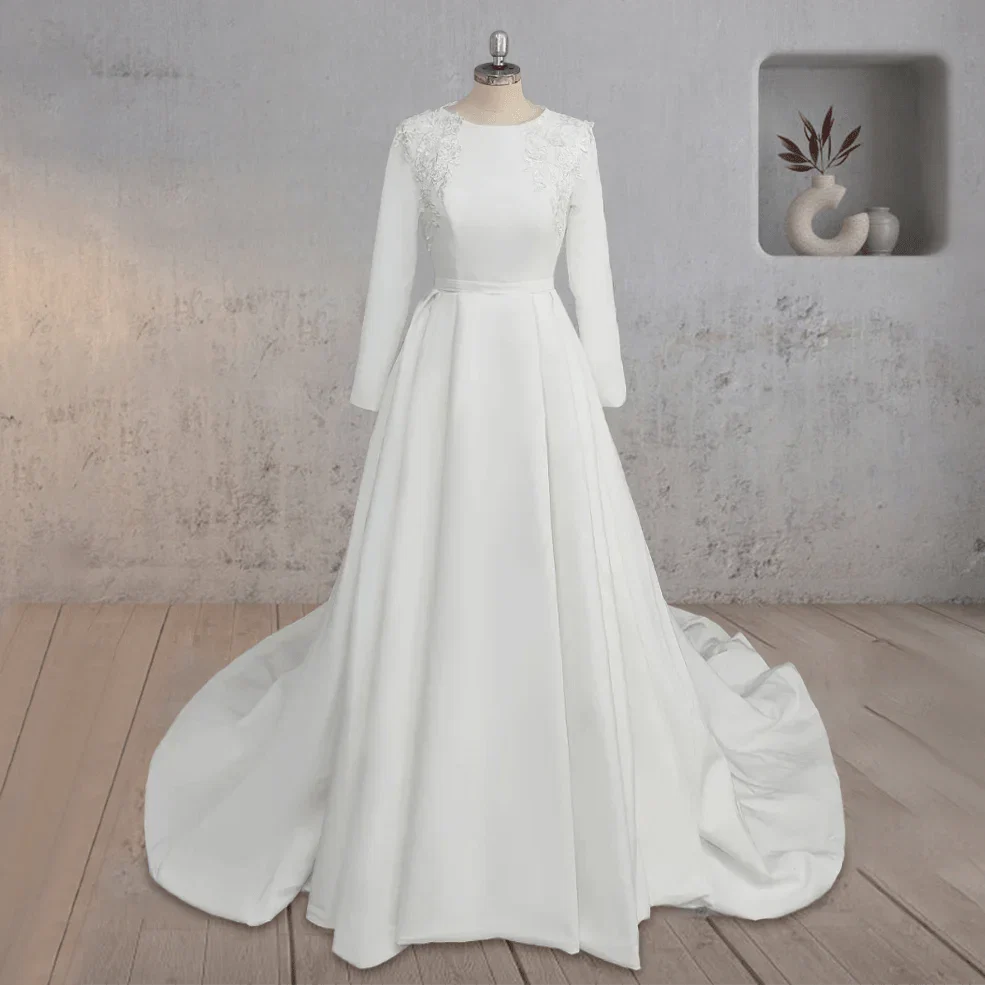 A Line White Long Sleeves Appliqued Wedding Dresses with Train