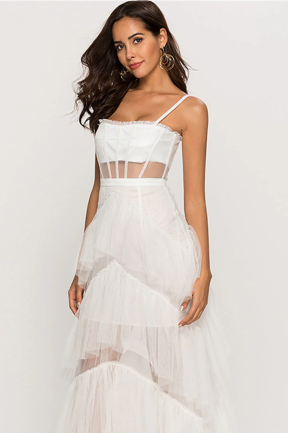 Black Corset Asymmetrical Tulle Maxi Dress