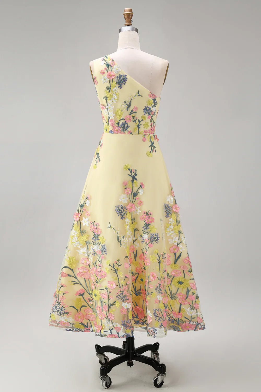 A Line Yellow One Shoulder Floral Wedding Guest Dress