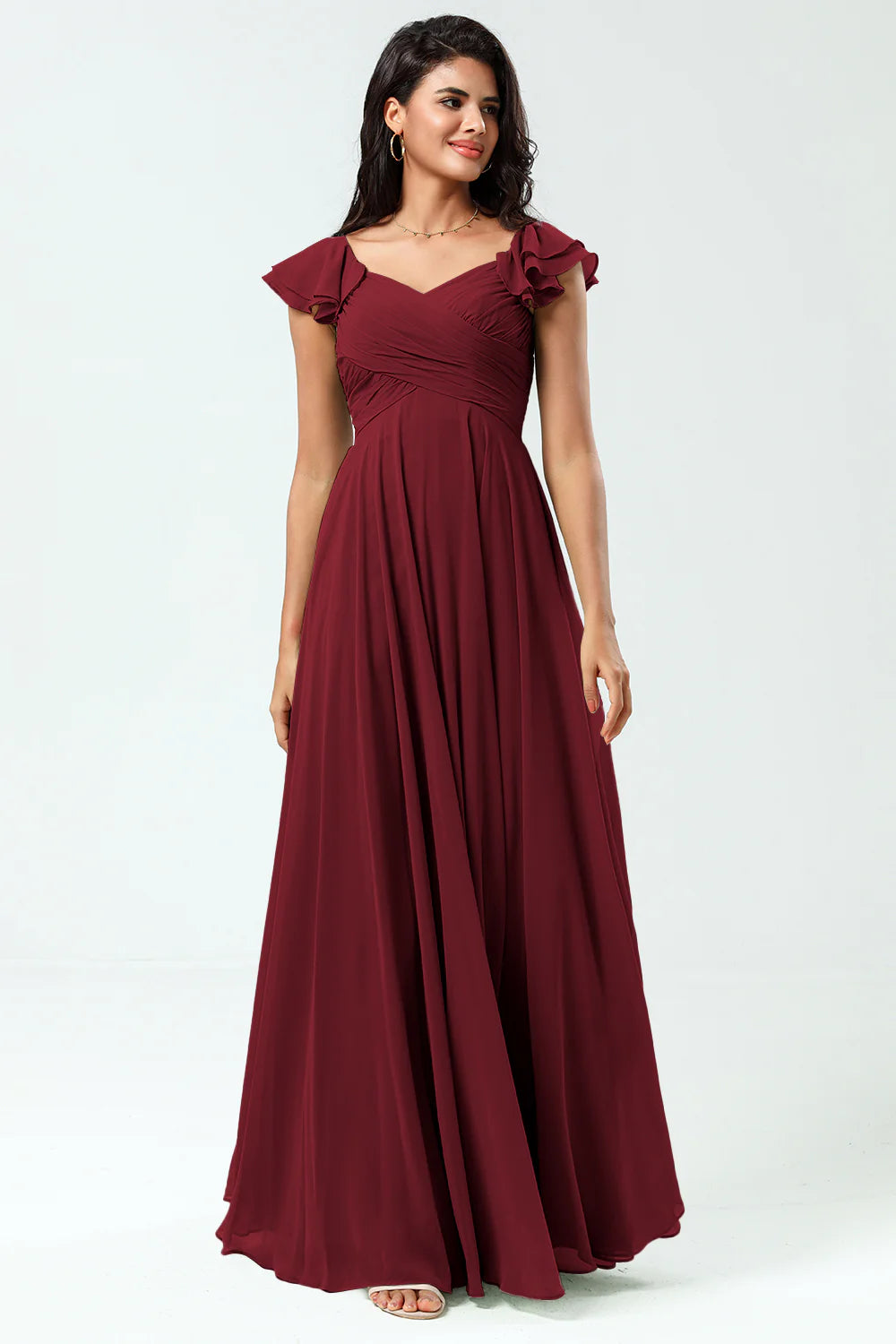 Lace Up Back Cross A Line Chiffon Bridesmaid Dress with Ruffles