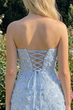 Light Blue Strapless Bodycon Beaded Short Homecoming Dress with 3D Flowers
