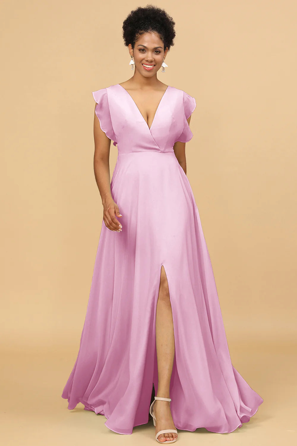 A Line V Neck Floor Length Chiffon Bridesmaid Dress with Slit