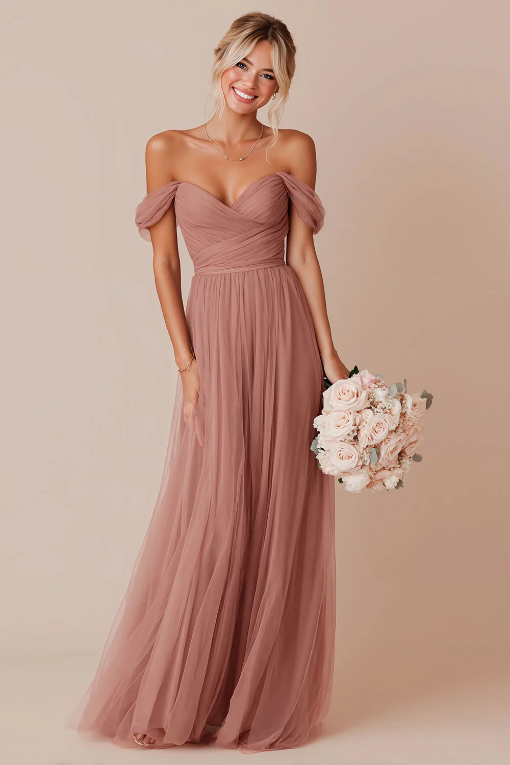 Off the Shoulder A Line Dusty Rose Pleated Long Bridesmaid Dress