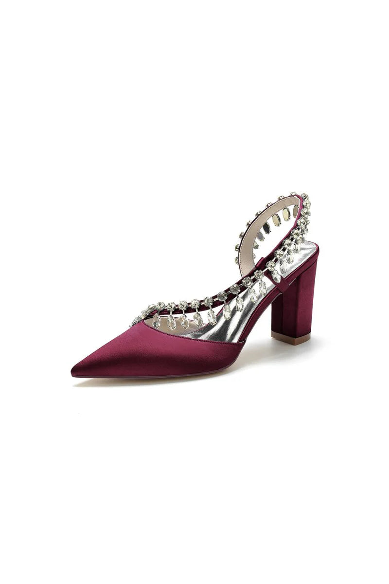 Pointed Toe Beaded Slip on Satin Chunky Heels
