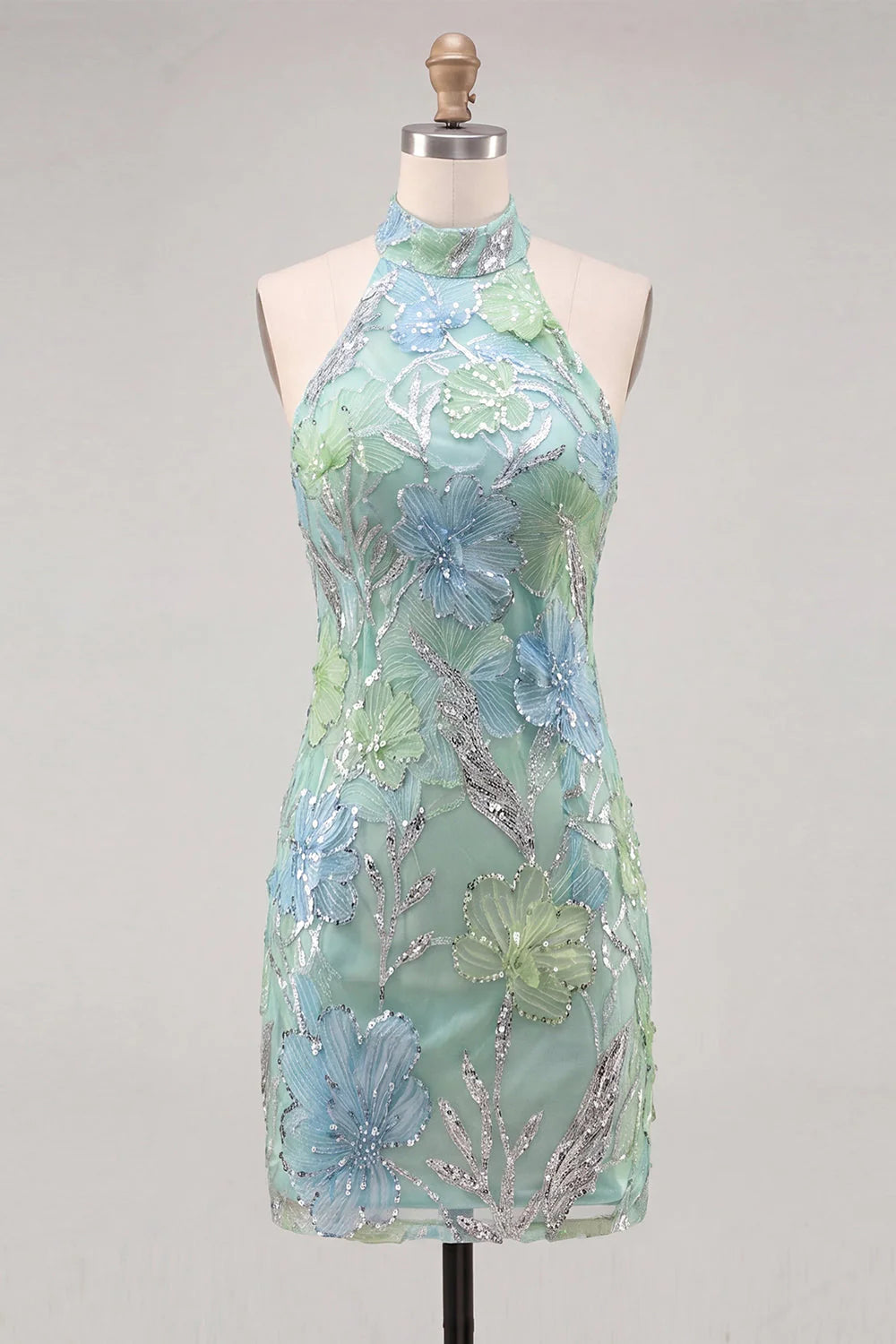 Mint Green Halter Floral Sequin Bodycon Short Homecoming Dress