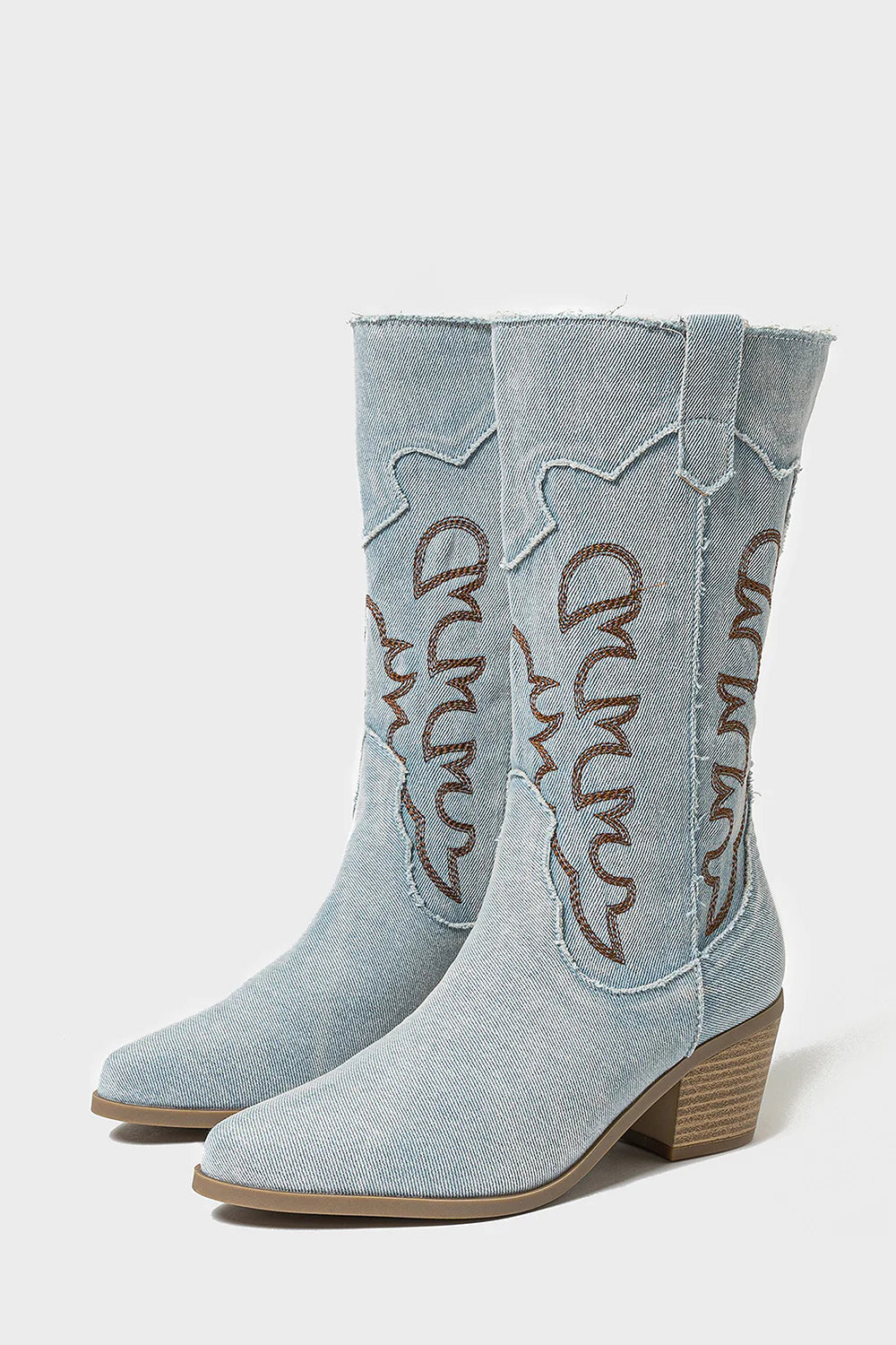 Denim Embroidered Mid Calf Cowboy Boots