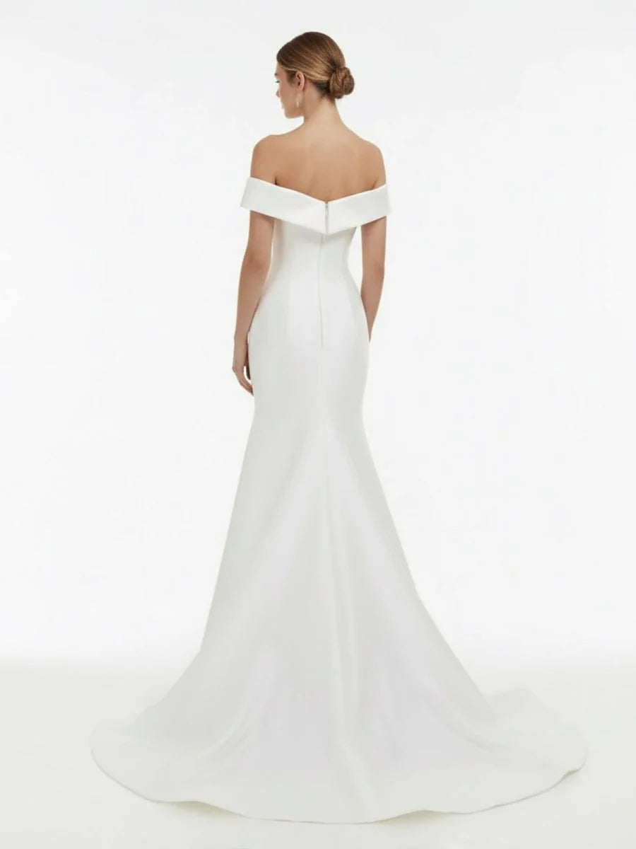 Chic Satin Off the Shoulder Sleeveless Sweep Train Bridal Dress