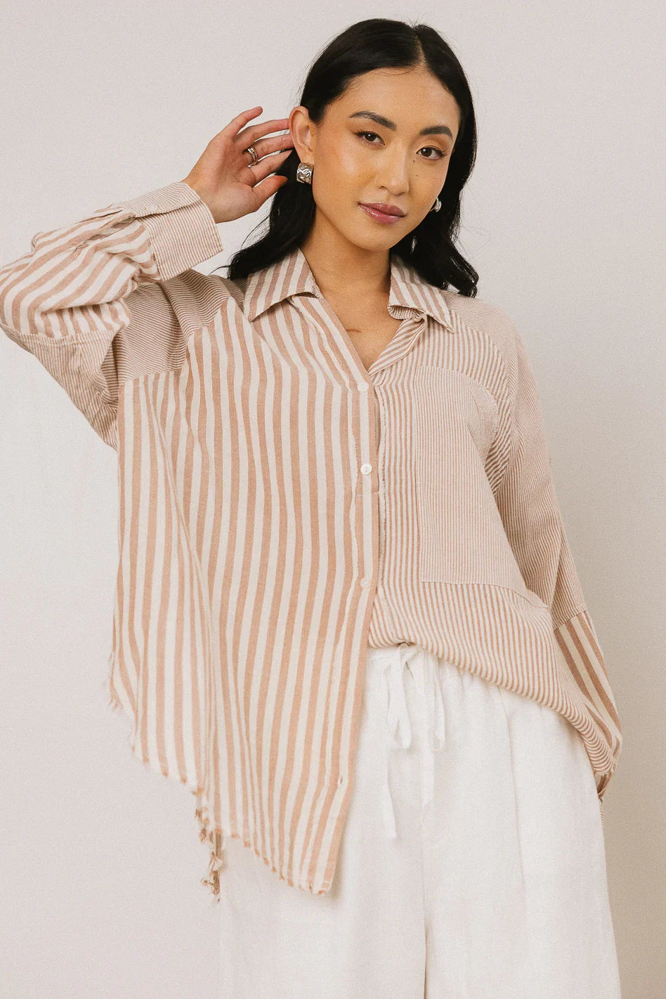 Gia Striped Button Up in Taupe FINAL SALE