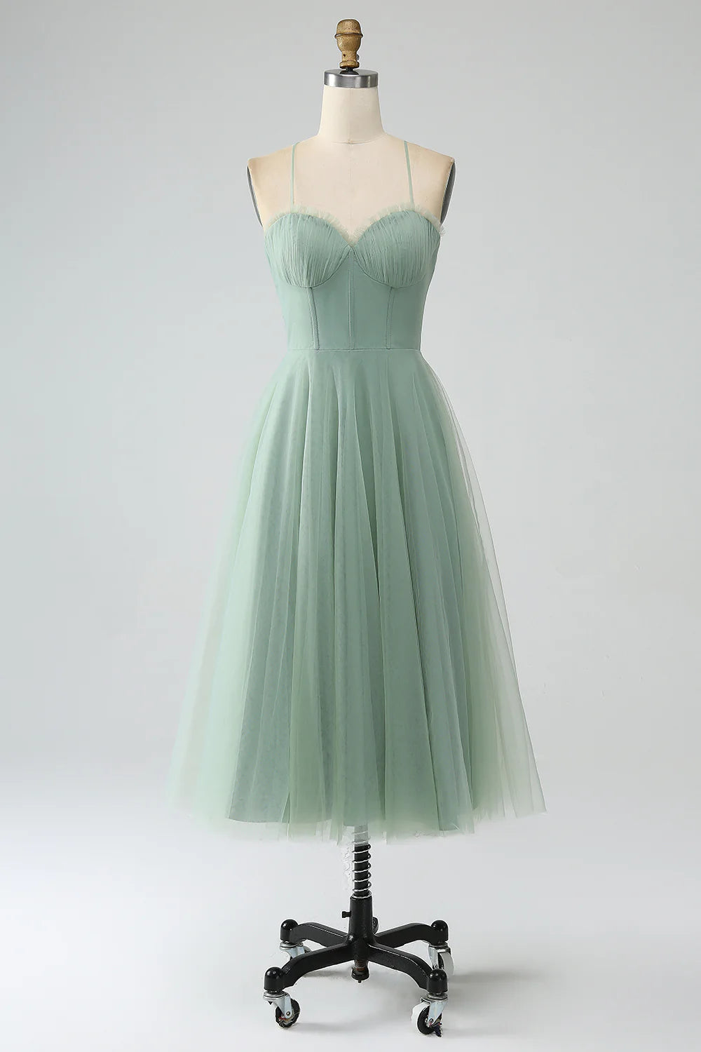 Matcha A Line Spaghetti Straps Tea Length Corset Tulle Bridesmaid Dress