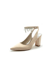 Pointed Toe Satin Chunky Heels With Pearl Tassel