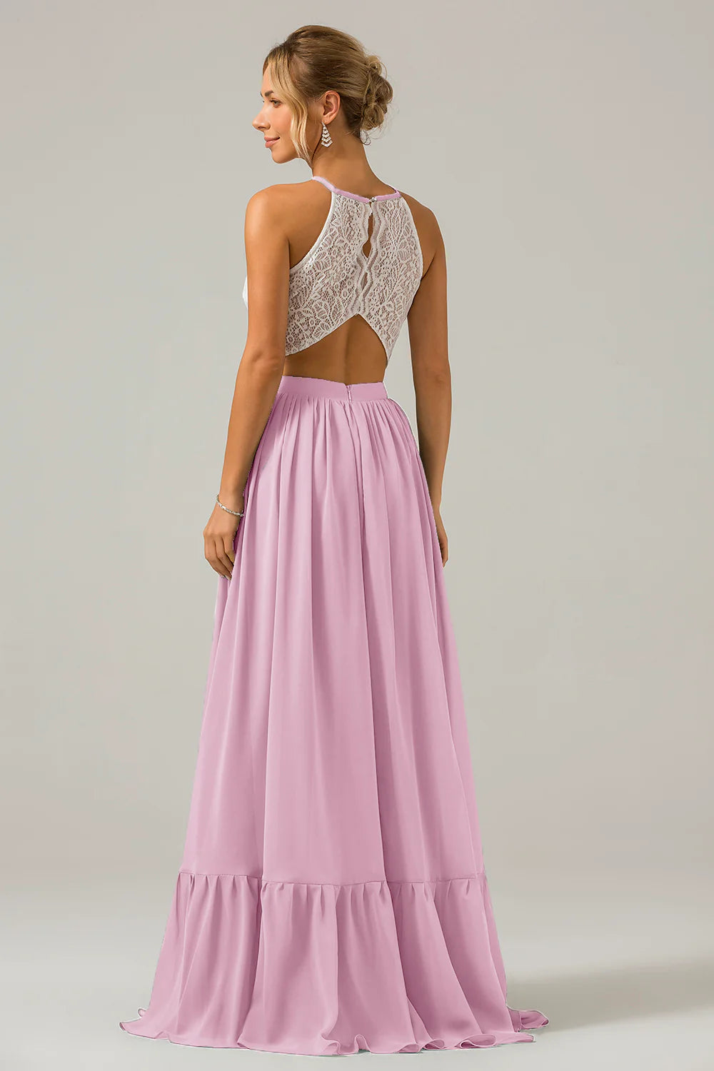 A Line Halter Pleated Keyhole Chiffon Bridesmaid Dress With Lace