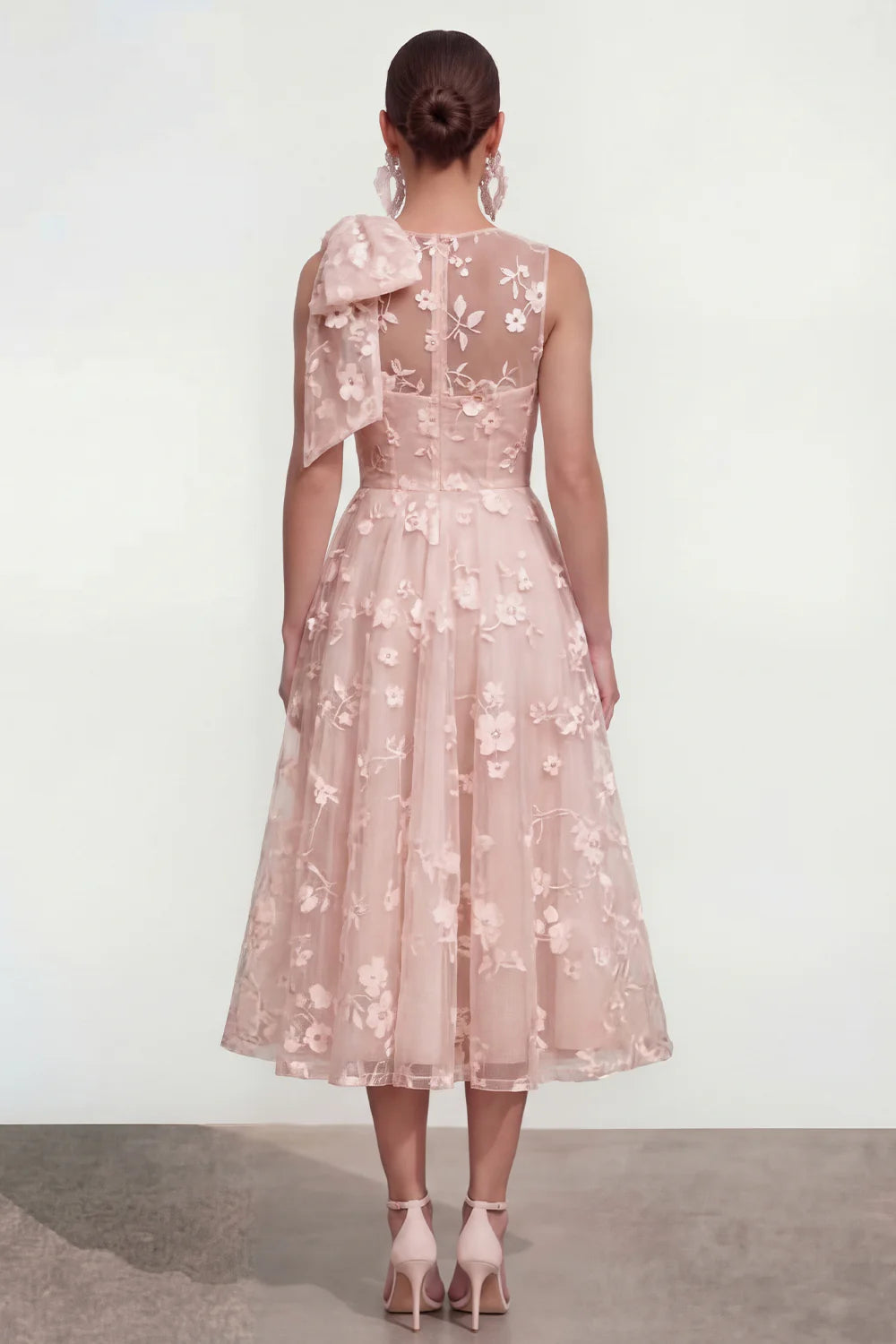 Floral Apricot A Line Bowed Midi Wedding Guest Dress