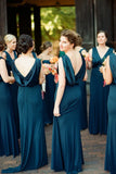 Peacock Blue Mermaid V Neck Long Bridesmaid Dress
