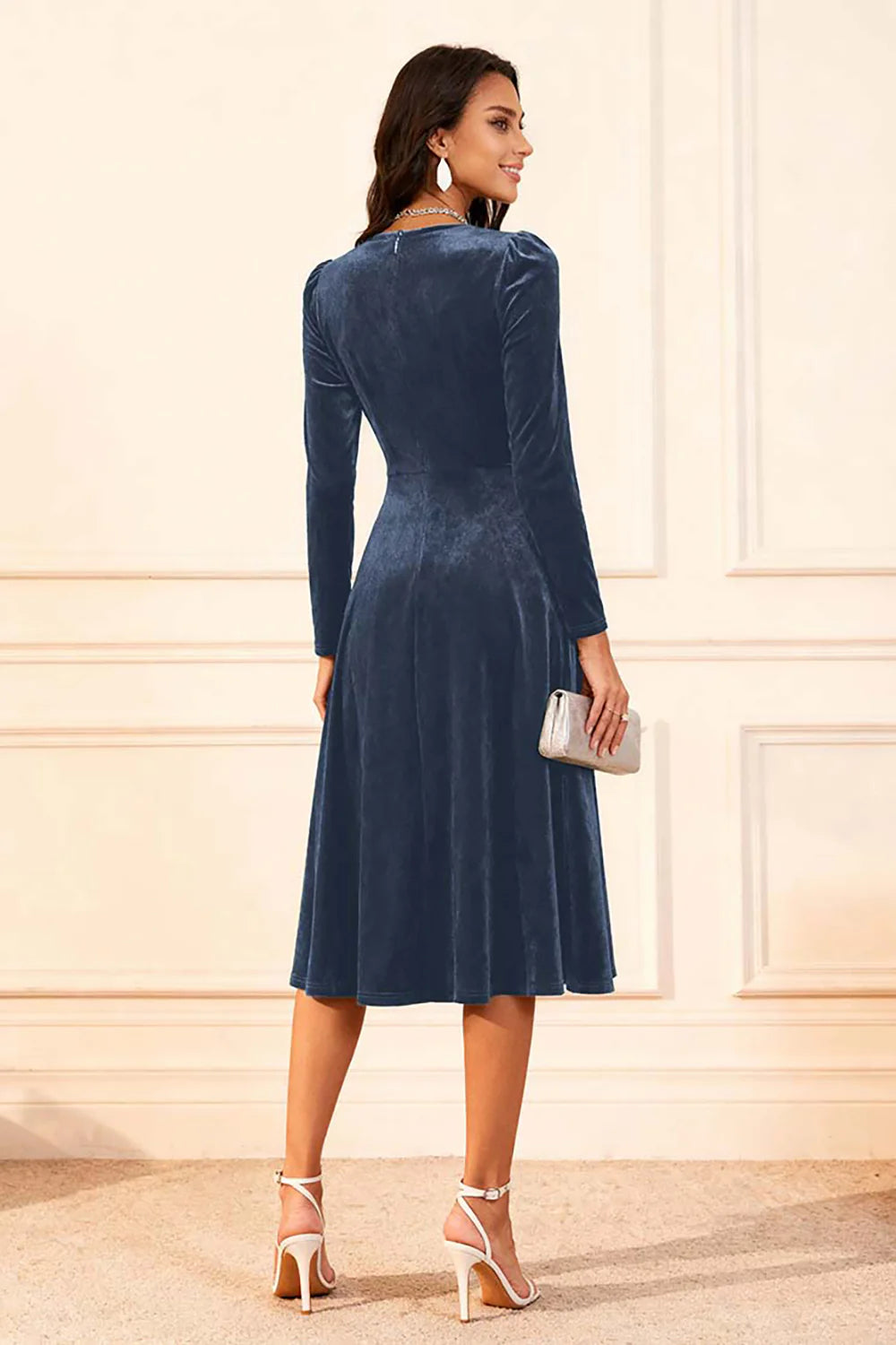 Dark Green A Line Velvet Long Sleeves Holiday Party Dress