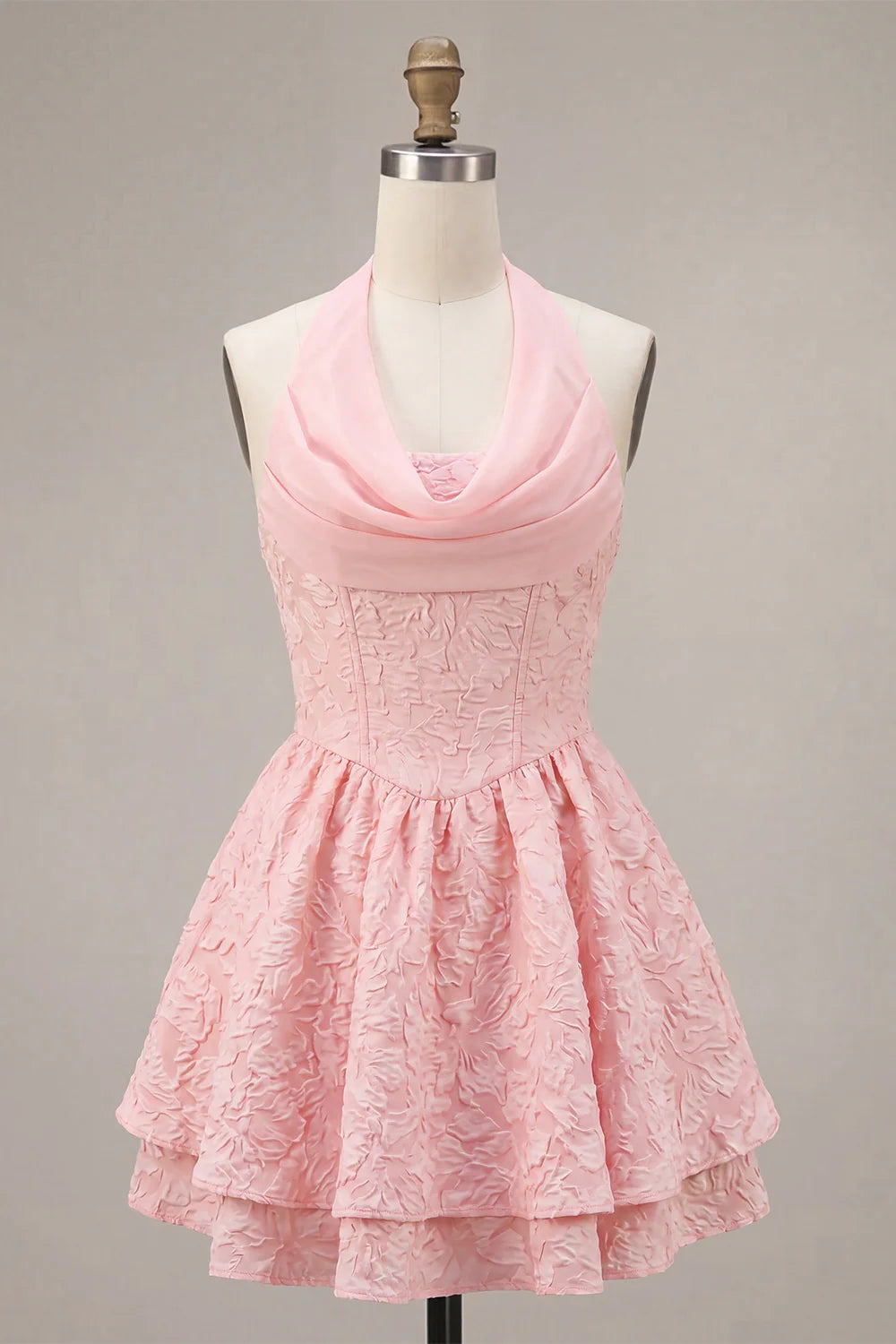 Halter A Line Jacquard Corset Pink Homecoming Dress
