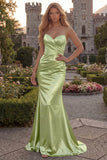 Green Mermaid Satin Ruched Strapless Prom Dress
