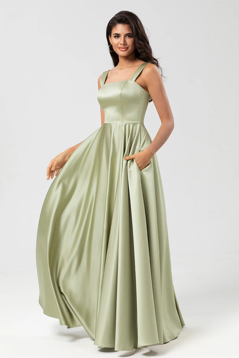 Dusty Sage A Line Square Neck Floor Length Satin Bridesmaid Dress with Pocket
